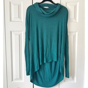 Anthropologie Teal Ribbed Knit Cowl Neck Tunic Top Green Oversized Size M